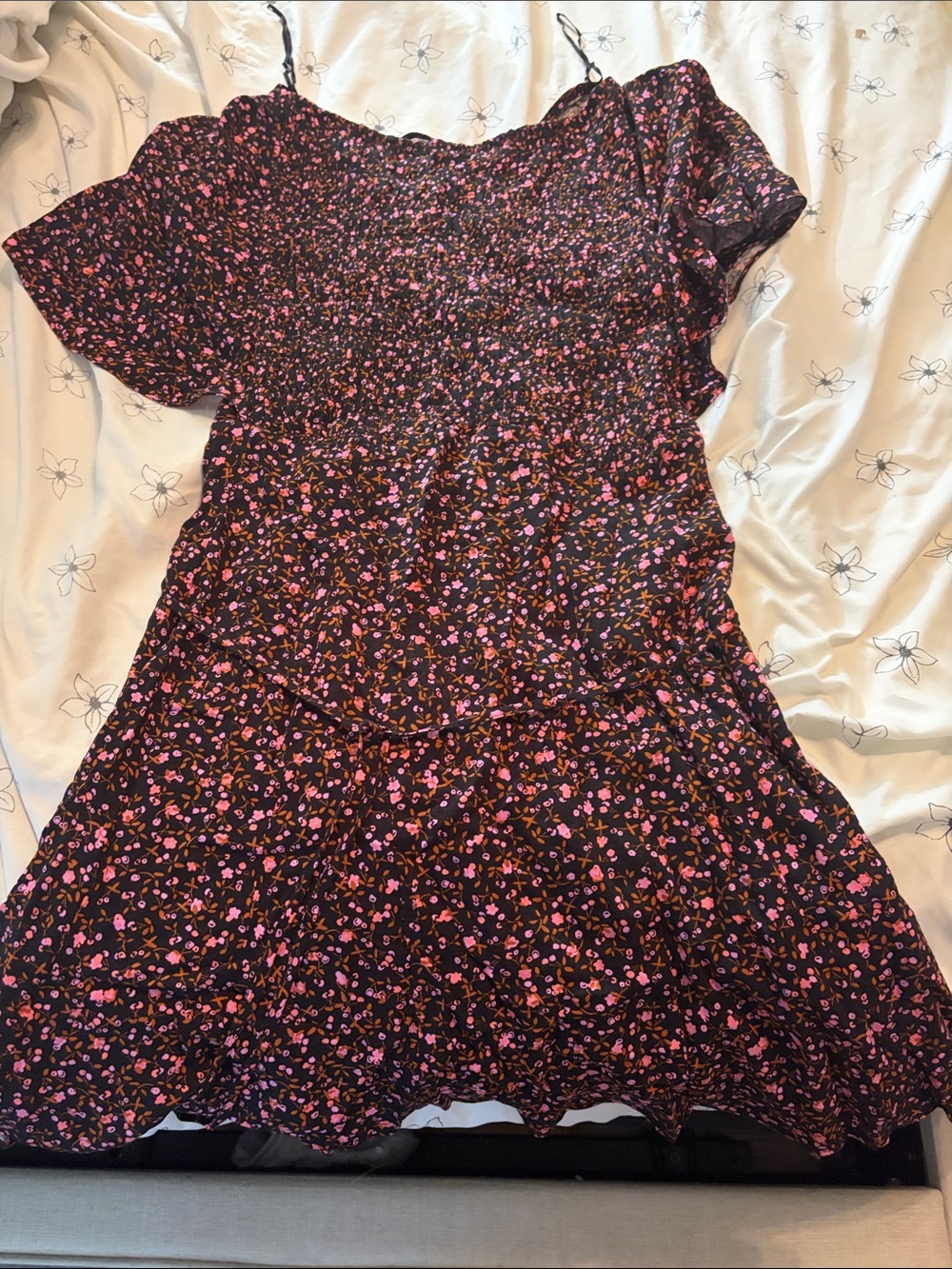 NWT free people Black Floral Off-Shoulder Summer Dress with Pink Accents